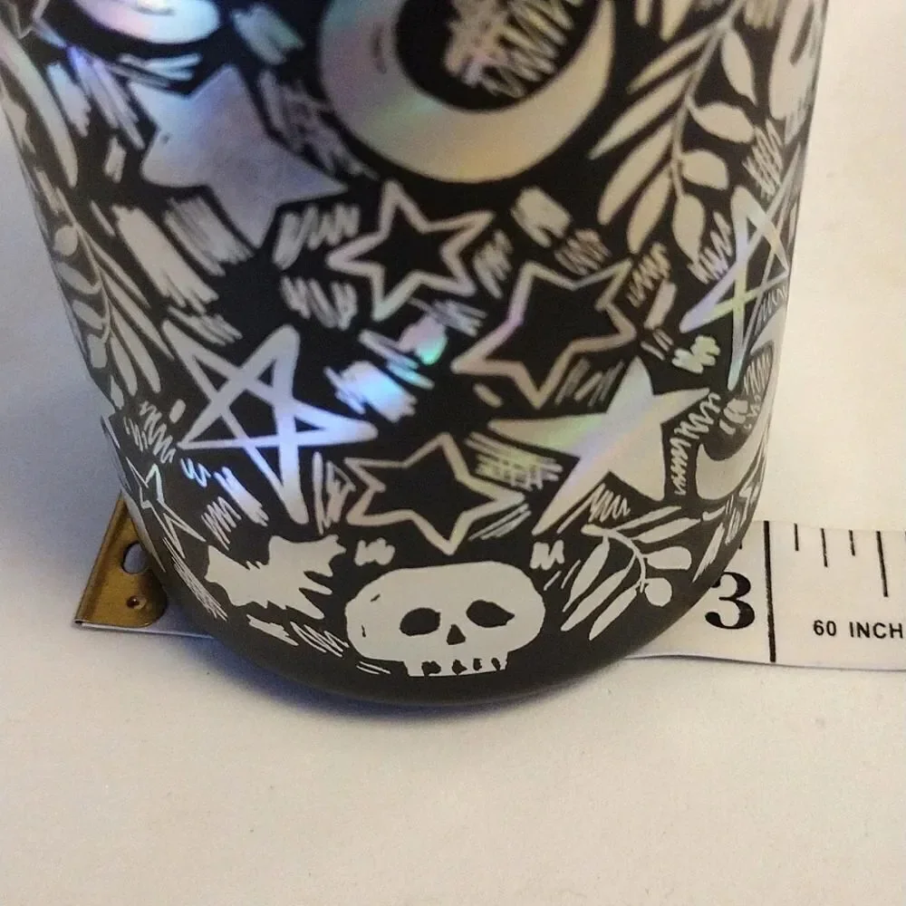 Halloween Black Iridescent‎ Skulls Printed Glass Coffee Cup with Straw NWT